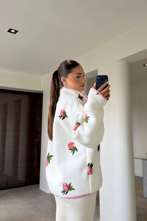 PREMİUM ÇİÇEK DESENLİ FERMUARLI POLAR HIRKA- PEMBE
