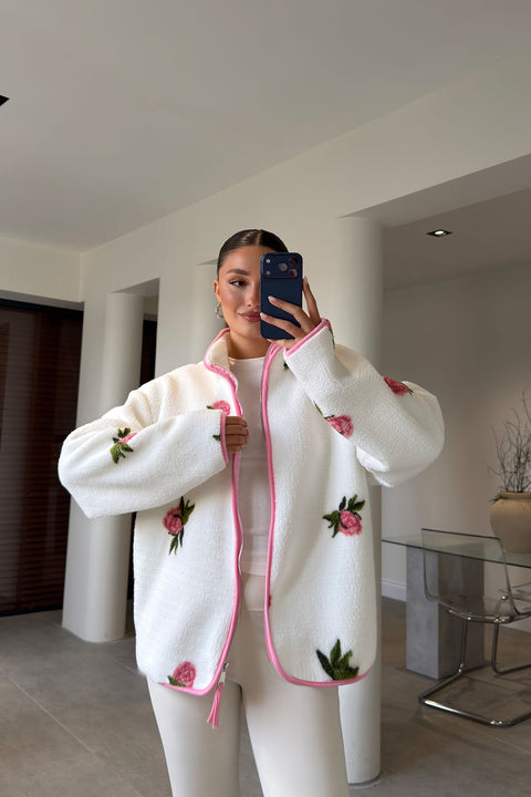 PREMİUM ÇİÇEK DESENLİ FERMUARLI POLAR HIRKA- PEMBE