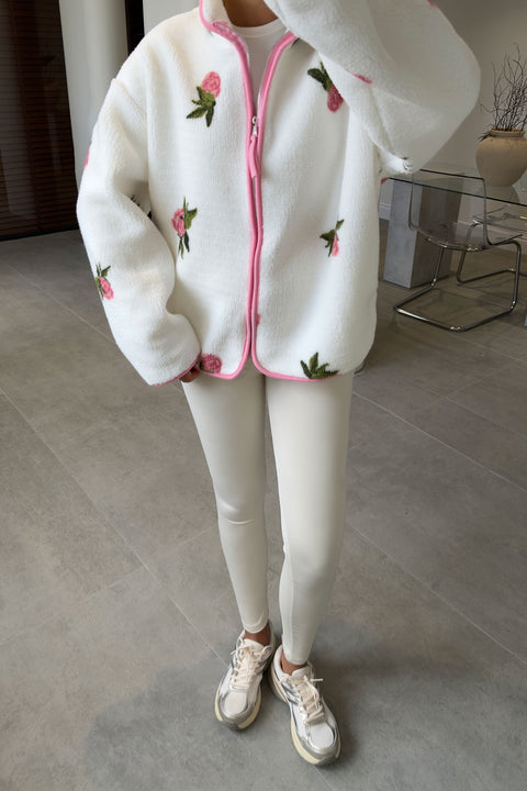 PREMİUM ÇİÇEK DESENLİ FERMUARLI POLAR HIRKA- PEMBE
