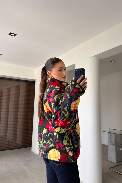 Premium Çiçek Desenli Fermuarlı Polar Hırka- SARI