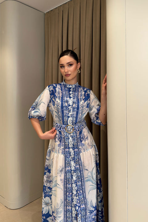 Premium Çiçek Desenli Kemerli Maxi Boy Elbise- MAVİ
