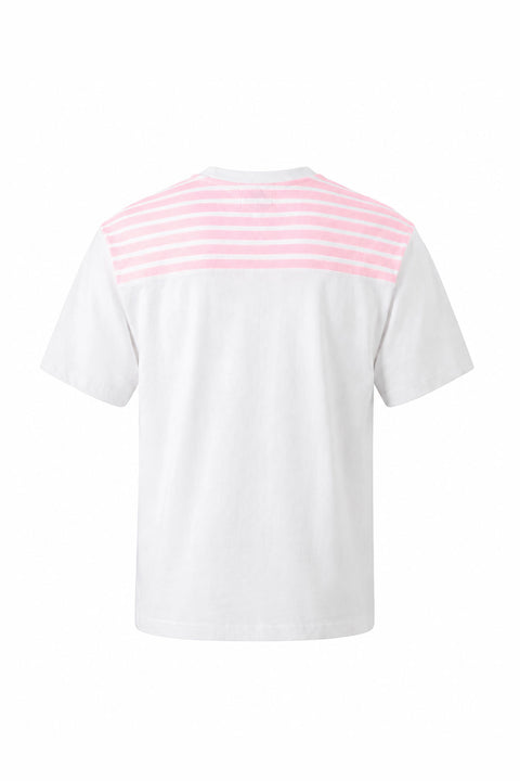 Premium Çizgili Bağlama Detaylı Beyaz-Pembe Tişört- PEMBE