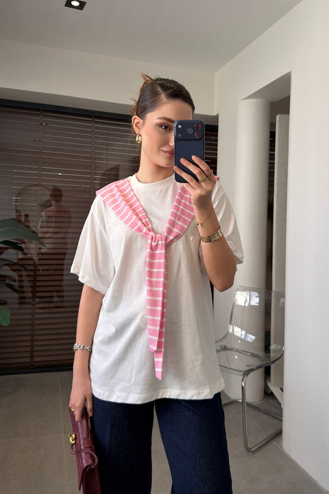 Premium Çizgili Bağlama Detaylı Beyaz-Pembe Tişört- PEMBE