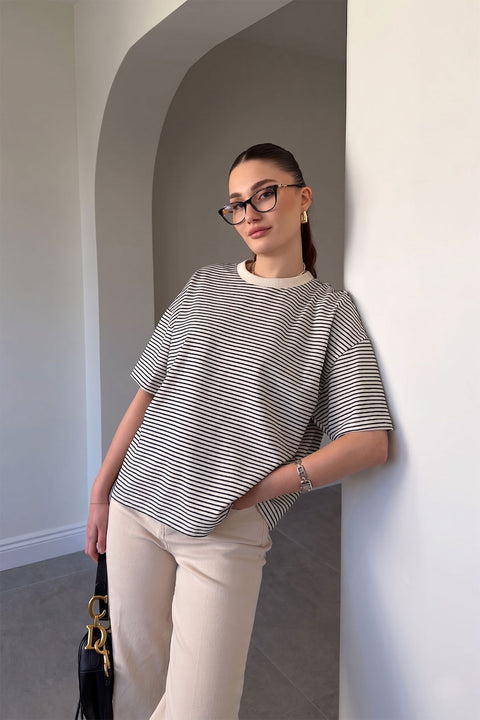 Premium Çizgili Bisiklet Yaka Tişört- LACİVERT