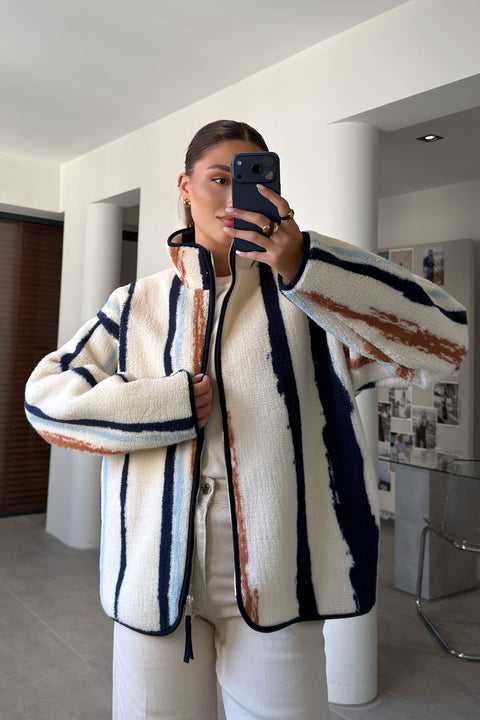 PREMİUM ÇİZGİLİ FERMUARLI POLAR HIRKA- CAMEL