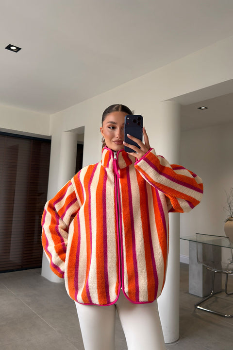 PREMİUM ÇİZGİLİ  FERMUARLI POLAR HIRKA- FUŞYA