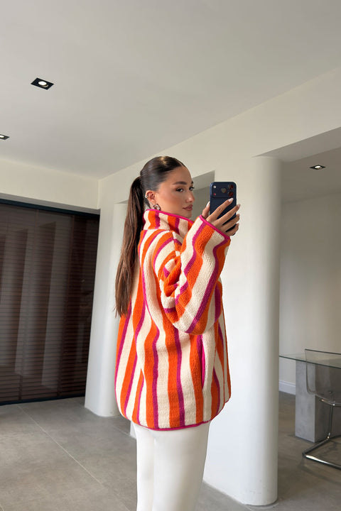 PREMİUM ÇİZGİLİ  FERMUARLI POLAR HIRKA- FUŞYA