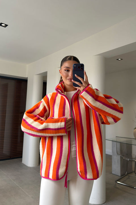 PREMİUM ÇİZGİLİ  FERMUARLI POLAR HIRKA- FUŞYA
