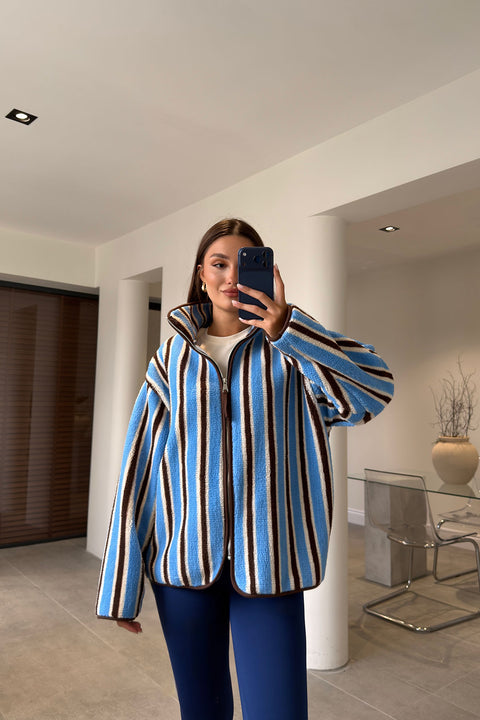 PREMİUM ÇİZGİLİ FERMUARLI POLAR HIRKA- KOYU MAVİ