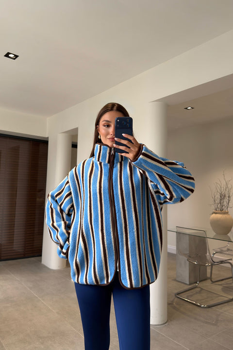 PREMİUM ÇİZGİLİ FERMUARLI POLAR HIRKA- KOYU MAVİ