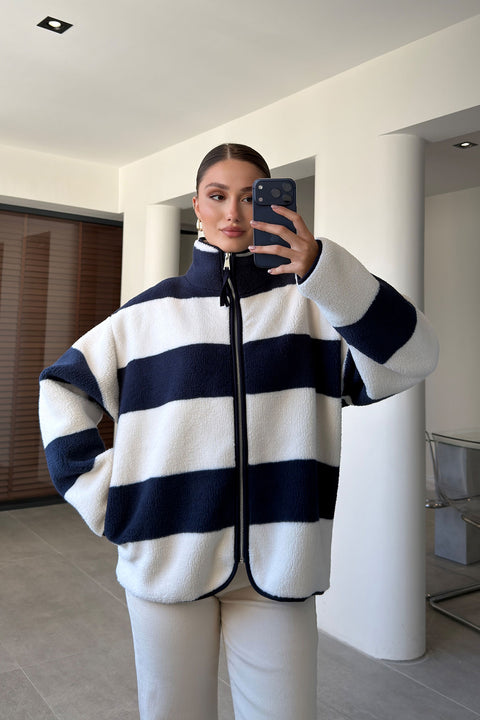 PREMİUM ÇİZGİLİ FERMUARLI POLAR HIRKA- LACİVERT
