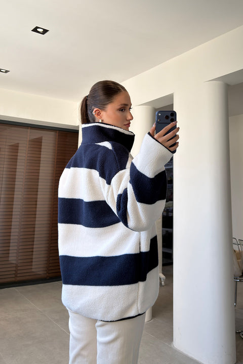 PREMİUM ÇİZGİLİ FERMUARLI POLAR HIRKA- LACİVERT