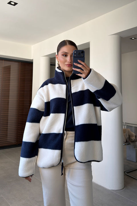 PREMİUM ÇİZGİLİ FERMUARLI POLAR HIRKA- LACİVERT