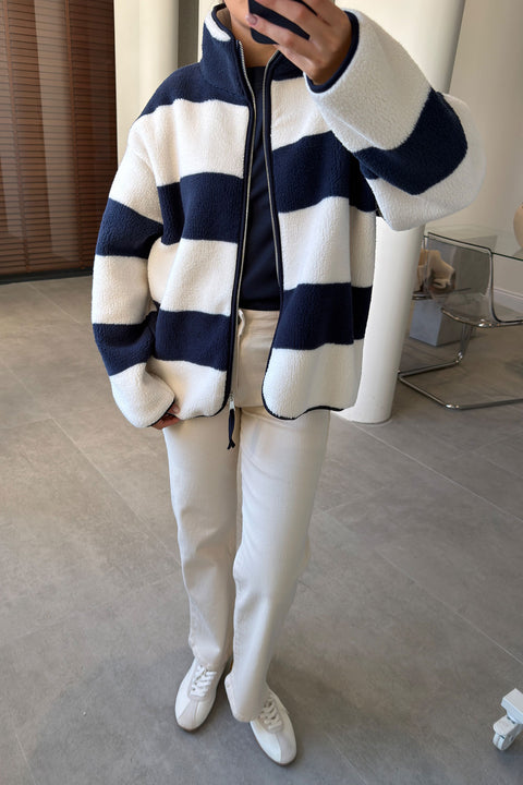 PREMİUM ÇİZGİLİ FERMUARLI POLAR HIRKA- LACİVERT