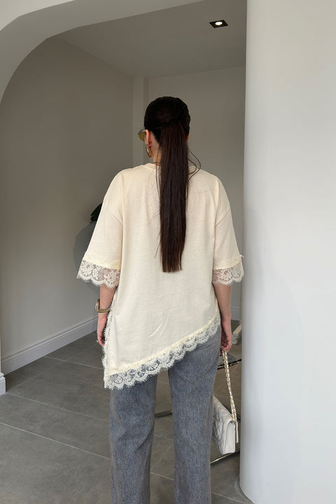 Premium Dantelli Bisiklet Yaka Bluz- BEJ
