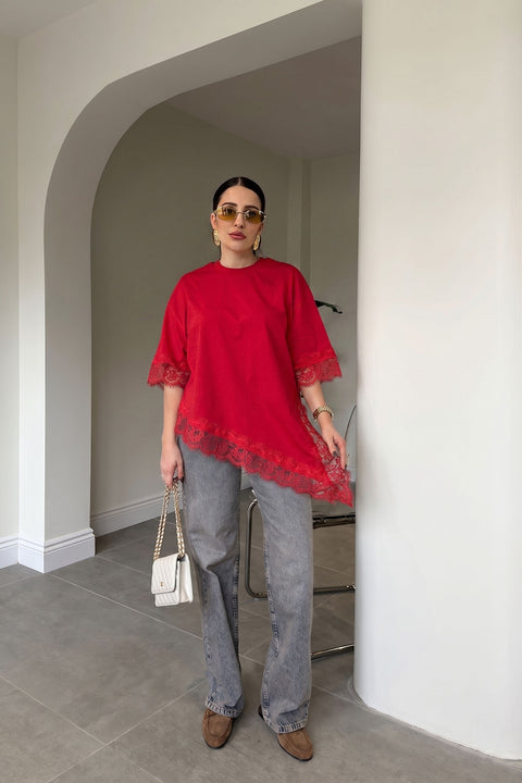 Premium Dantelli Bisiklet Yaka Bluz- KIRMIZI