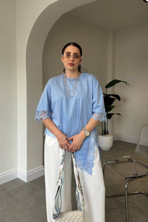 Premium Dantelli Bisiklet Yaka Bluz- MAVİ