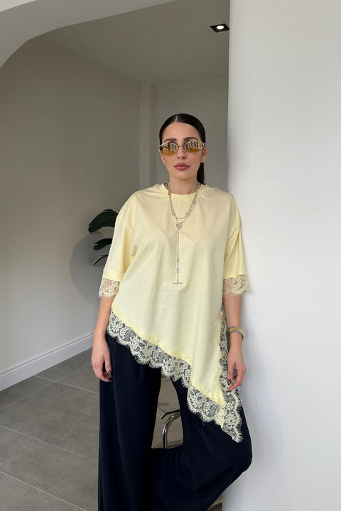Premium Dantelli Bisiklet Yaka Bluz- SARI
