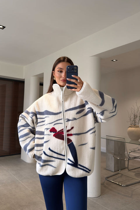 PREMİUM DESENLİ FERMUARLI POLAR HIRKA- GRİ