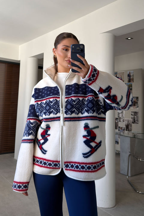 PREMİUM DESENLİ FERMUARLI POLAR HIRKA- KOYU LACİVERT