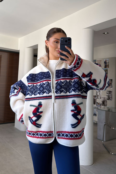 PREMİUM DESENLİ FERMUARLI POLAR HIRKA- KOYU LACİVERT