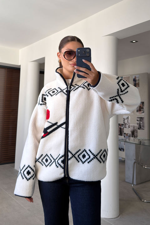 PREMİUM DESENLİ FERMUARLI POLAR HIRKA- KREM