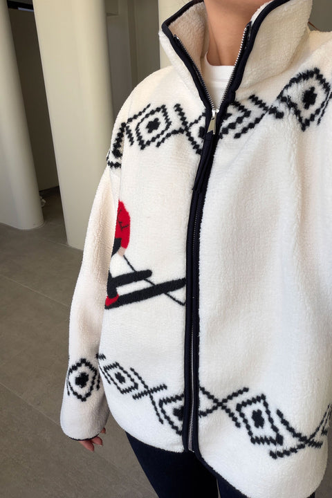 PREMİUM DESENLİ FERMUARLI POLAR HIRKA- KREM