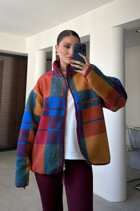 PREMİUM EKOSE DESEN FERMUARLI POLAR- BORDO
