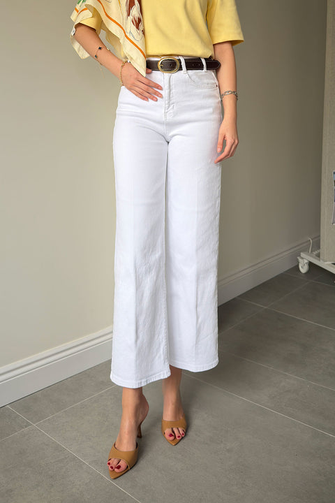 Premium Kemerli Flare Jean- BEYAZ