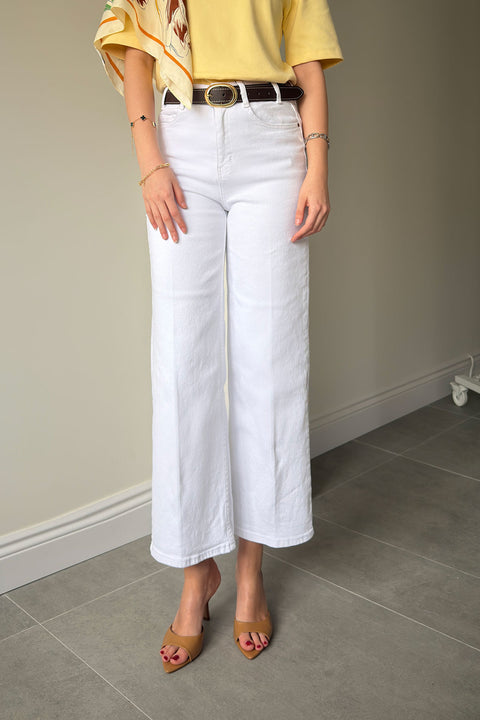 Premium Kemerli Flare Jean- BEYAZ