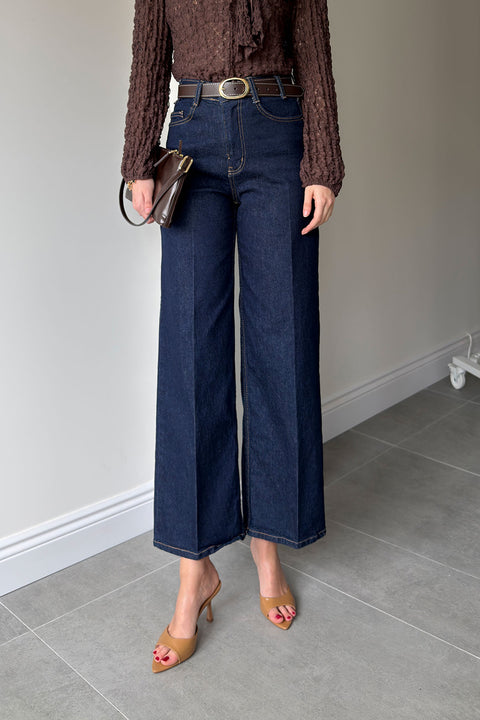 Premium Kemerli Flare Jean- KOYU LACİVERT