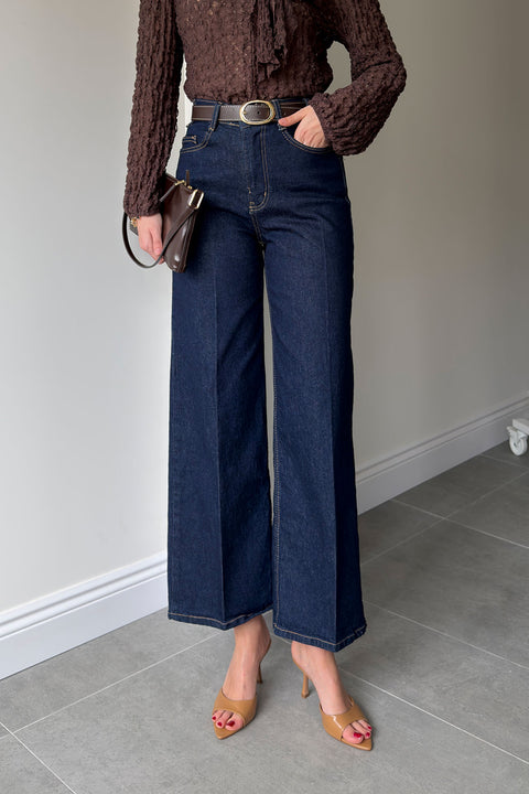 Premium Kemerli Flare Jean- KOYU LACİVERT