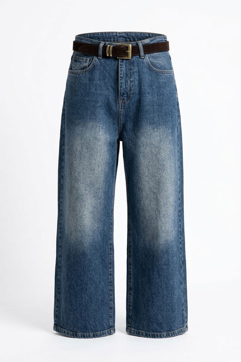 Premium Kemerli Flare Jean- KOYU MAVİ