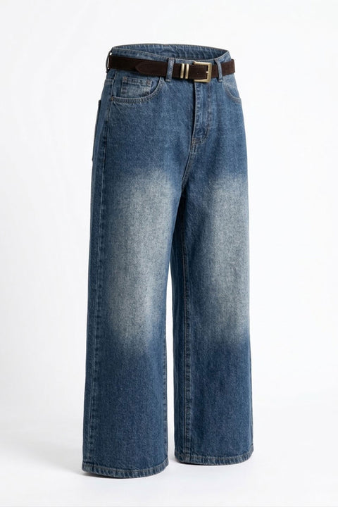 Premium Kemerli Flare Jean- KOYU MAVİ
