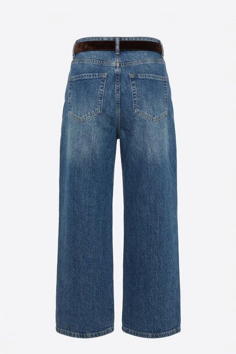 Premium Kemerli Flare Jean- KOYU MAVİ