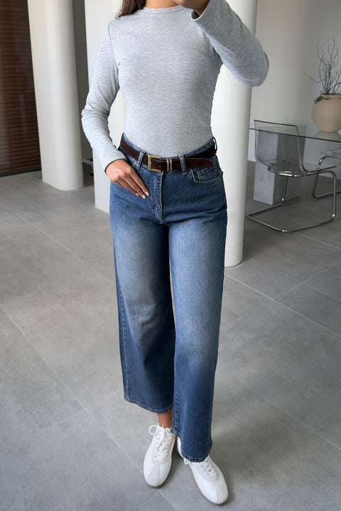 Premium Kemerli Flare Jean- KOYU MAVİ