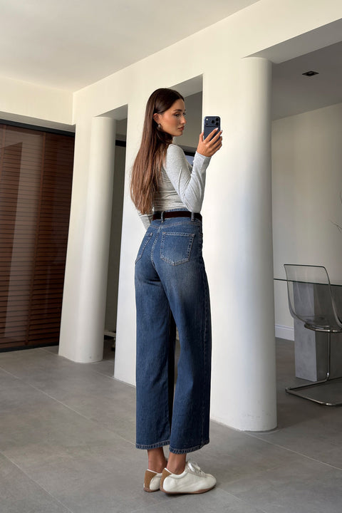 Premium Kemerli Flare Jean- KOYU MAVİ