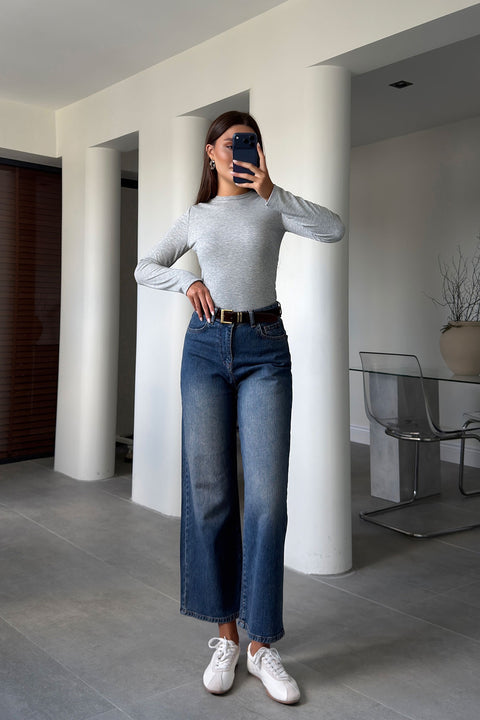 Premium Kemerli Flare Jean- KOYU MAVİ