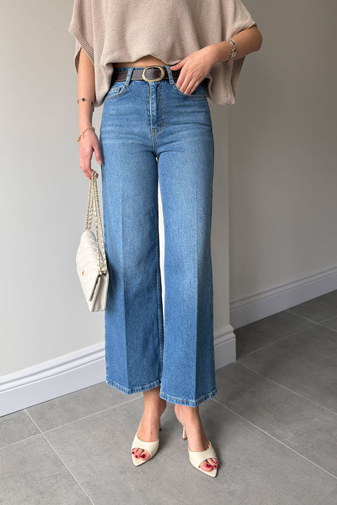 Premium Kemerli Flare Jean- MAVİ