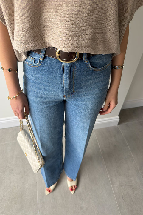 Premium Kemerli Flare Jean- MAVİ