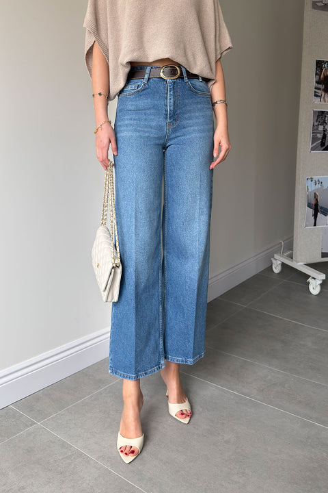 Premium Kemerli Flare Jean- MAVİ