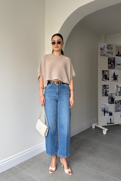 Premium Kemerli Flare Jean- MAVİ