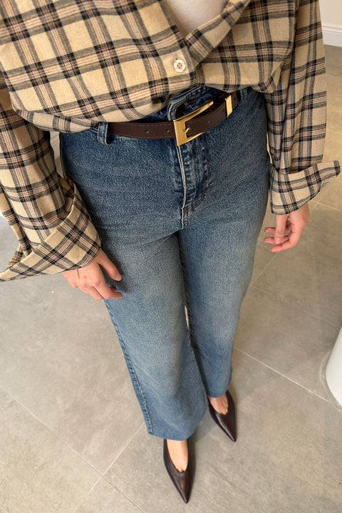 Premium Kemerli Kesik Paça Jean- MAVİ