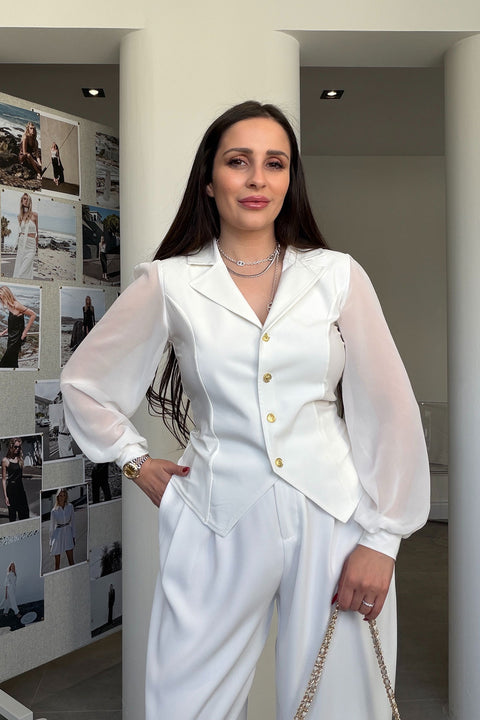 Premium Kolları Tül Detaylı Bluz- BEYAZ