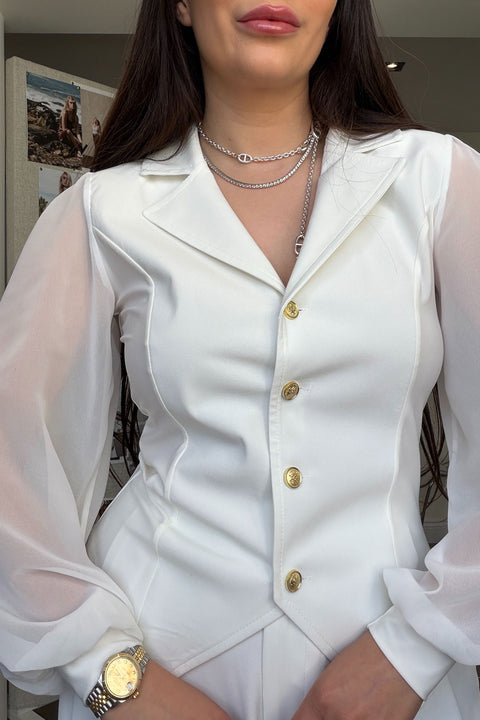 Premium Kolları Tül Detaylı Bluz- BEYAZ