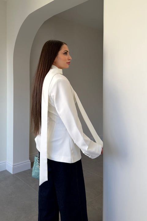 Premium Kuşak Detaylı Ceket- BEYAZ