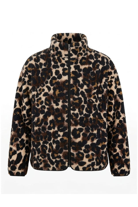 Premium Leopar Desen Fermuarlı Polar- Acı Kahve