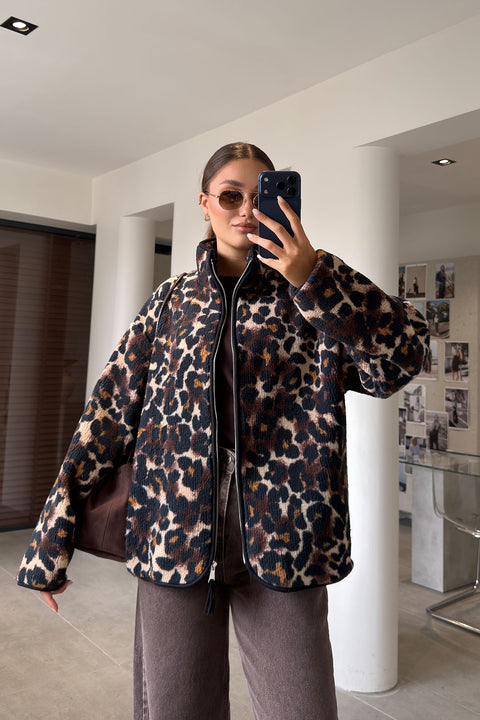 Premium Leopar Desen Fermuarlı Polar- Acı Kahve