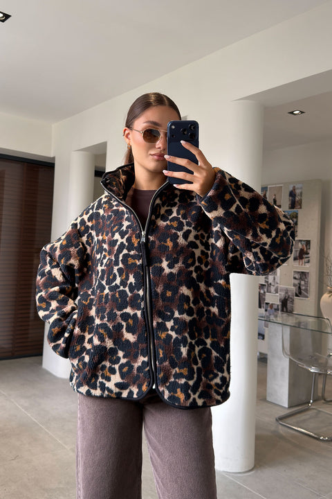 Premium Leopar Desen Fermuarlı Polar- Acı Kahve