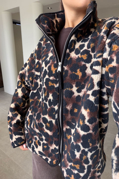 Premium Leopar Desen Fermuarlı Polar- Acı Kahve